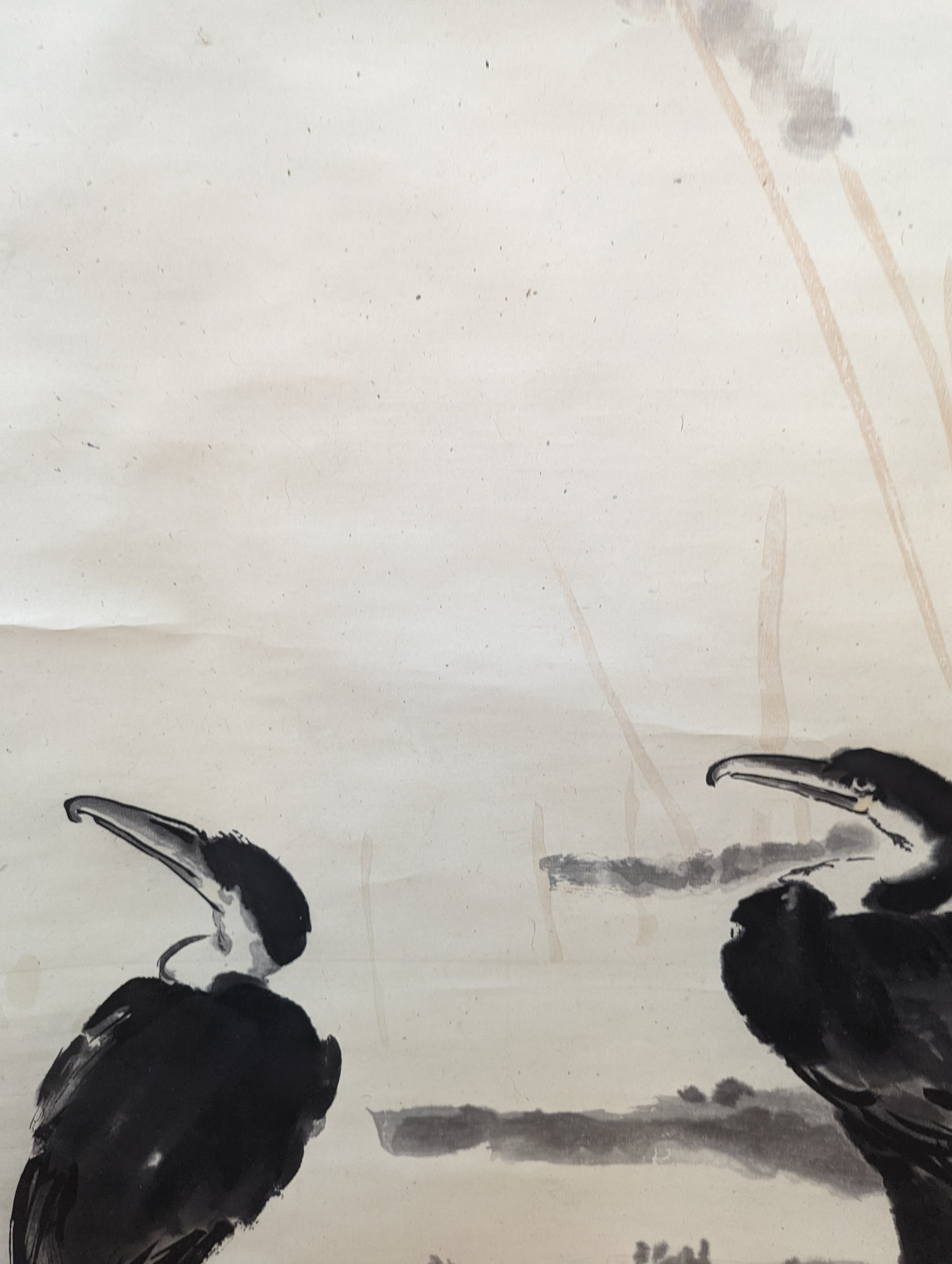 Two mid 20th century Japanese watercolour on paper scroll paintings, Boatman in a landscape, 79.5 x 113cm, and Cormorants on a bank, 103 x 106cm